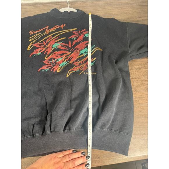 VTG 1992 Christmas Sweatshirt XL Season’s Greetings Poinsettia Black Holiday0 - Picture 8 of 9